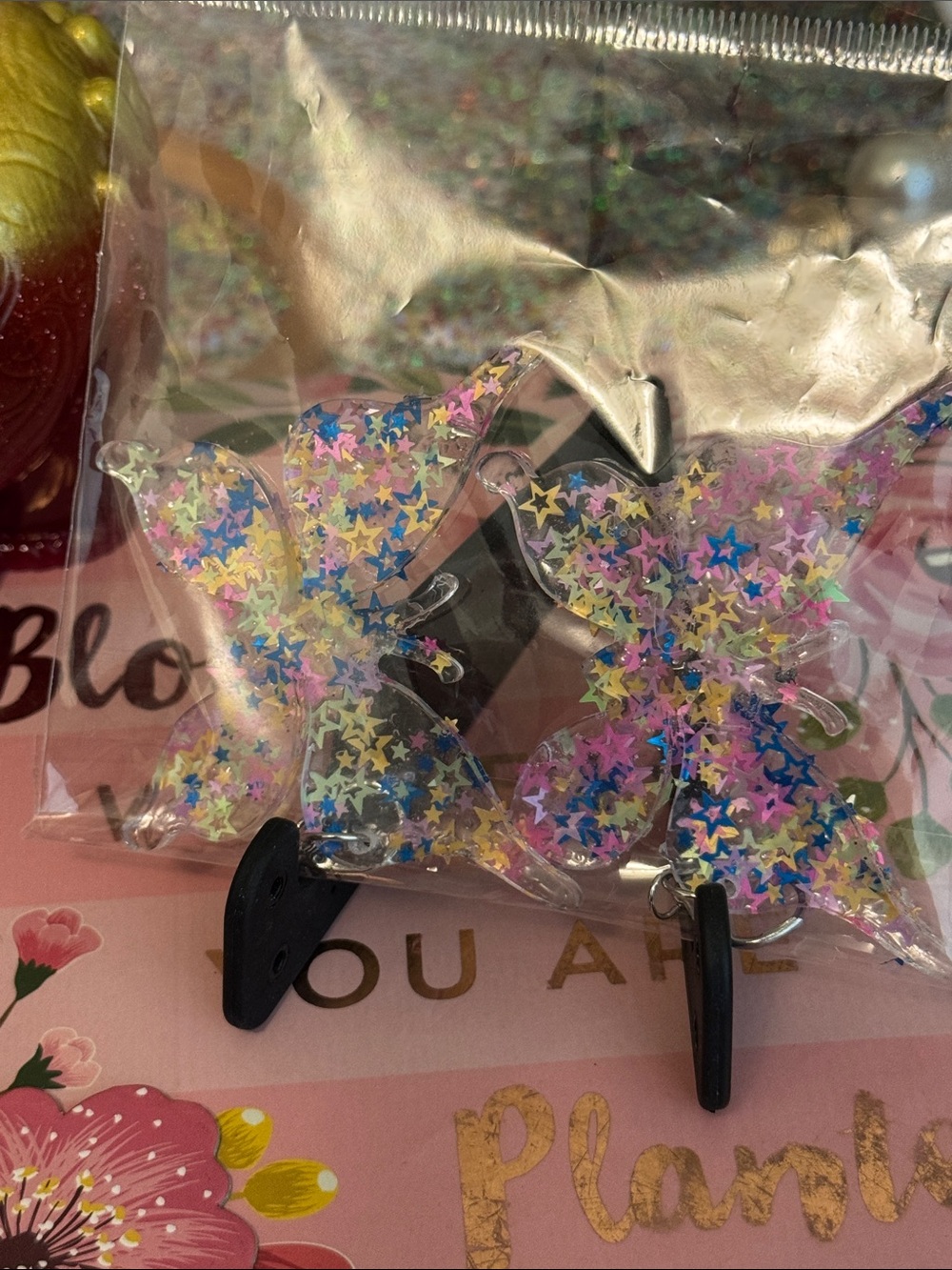 Clear  boho Butterfly Earrings with Multi-Color Star Glitter